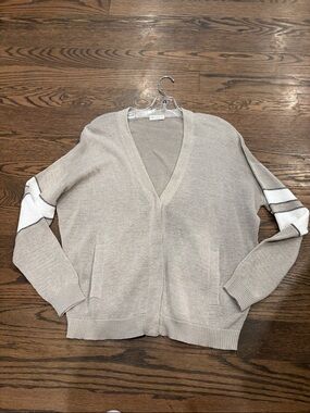 Brunello Cucinelli Beige V-Neck Cardigan with White Sleeve Stripes
